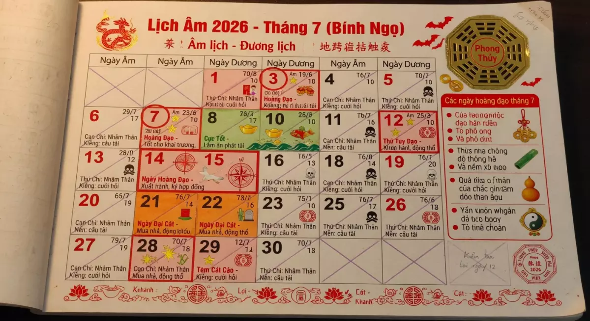 Trang lịch vạn sự chi tiết ghi nhận các ngày đẹp tháng 7/2026