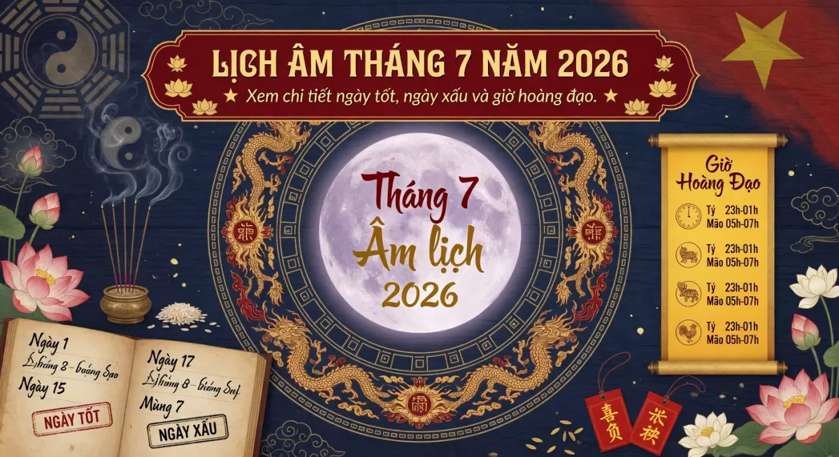 Lịch âm tháng 7 năm 2026: Xem chi tiết ngày tốt, ngày xấu và giờ hoàng đạo.