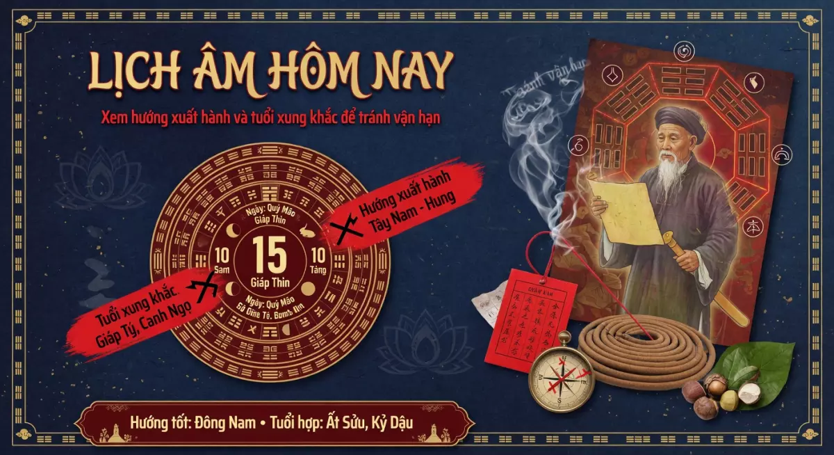 Lịch âm hôm nay: Xem hướng xuất hành và tuổi xung khắc để tránh vận hạn.